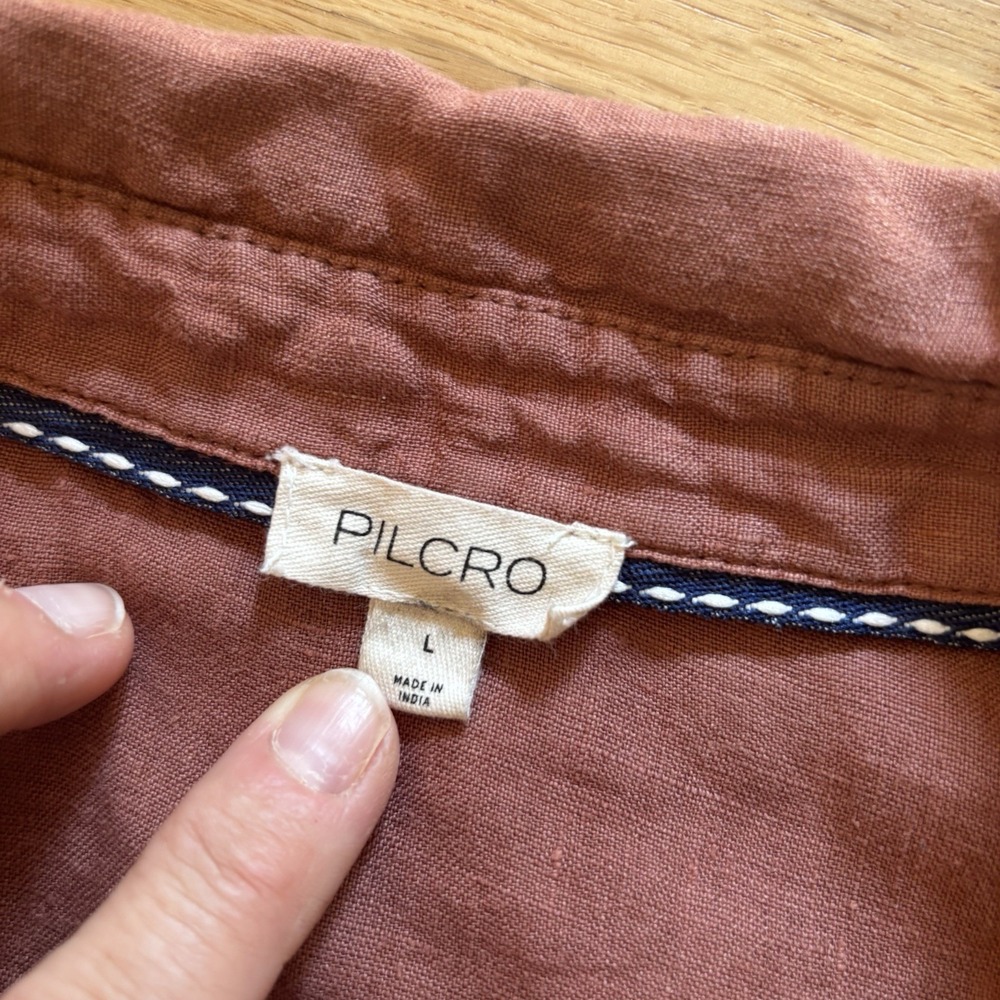 Pilcro 100% Linen Button Up Puff Sleeve Blouse Women's L Rust Lagenlook Ruffle - Picture 4 of 8